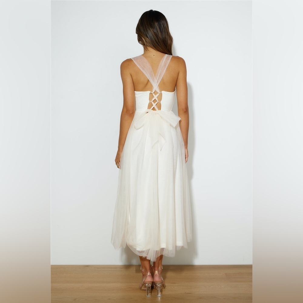 NWT Hello Molly Tulle Skirt Cream Midi Corset Bodice Tie Back Bridal Midi Dress - Picture 14 of 17